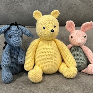 Padrões de crochê vintage do Ursinho Pooh, Leitão e Bisonho (pacote de 3 padrões)