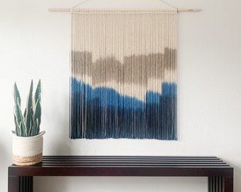 Extra Large Hand Dyed Modern Macrame Wall Hanging / Fiber Art / Boho Decor / Large Blue Macrame Wall Decor / Mid Century Modern Art