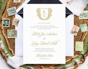 Wedding Crest Printed Wedding Invitation, Traditional, Elegant, Simple, Formal, Gold Crest, Calligraphy, Monogram, Initials, Kristi Jane