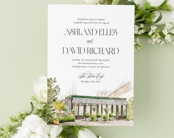 Custom Watercolor Venue Wedding Invitation, Hand-Painted Illustration, The River Cafe, Timeless & Traditional Design