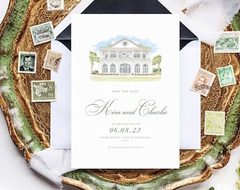PRINTED Lowndes Grove Save the Dates, Watercolor Venue STD, Charleston Wedding Invitation, CHS, Custom Venue Painting, Venue Drawing