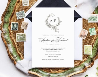 PRINTED Monogram Wedding Invitation, Wedding Crest, Wedding Invitation Traditional, Black and White Invite, Formal Invitation, custom crest