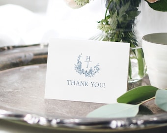 PRINTED Monogram Wedding Thank You Cards, Greeting Cards, Custom Folded Thank You Cards, Wedding Crest, Floral Thank You Cards, Initials