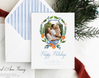 PRINTED Bow Crest Christmas Card, Southern Christmas, Watercolor Holiday Card, Photo Christmas Card, Happy Holidays, Personalized