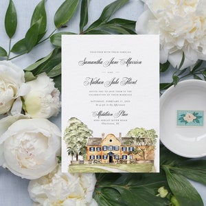 Custom Watercolor Venue Wedding Invitation, Hand-Painted Illustration, The Middleton Place, Timeless & Traditional Design