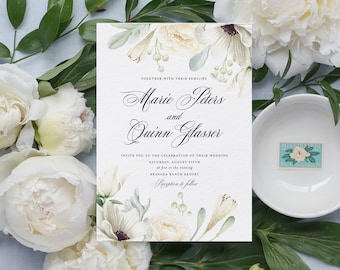 Ivory Floral Wedding Invitation, White Flowers Wedding Invitation, Romantic Wedding Invitation, Anemones Wedding Invite