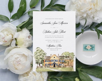 Custom Watercolor Venue Wedding Invitation, Hand-Painted Illustration, The Middleton Place, Timeless & Traditional Design