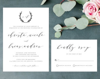 Rustic Wedding Invitation, Elegant Wedding Invitation, Monogram Wreath Wedding Invite