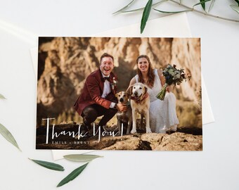 PRINTED Photo Wedding Thank You Cards, Greeting Cards, Custom Folded Thank You Cards, Floral Wreath Cards, Newlywed Thank You Card