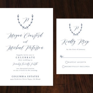 Navy Wedding Invitation, Monogram Wedding Invitation, Elegant Navy Wedding Invitation