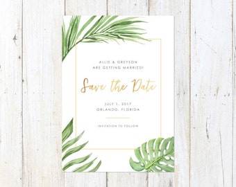 PRINTED Tropical Save the Date, Hawaii Save the Date, Palm Leaves Save the Date, Destination Wedding Save the Date
