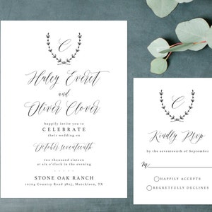 Elegant Wedding Invitation, Simple Rustic Invitation, Laurel Wreath Wedding Invitation image 1