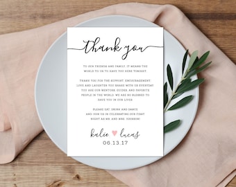 Reception Place Setting Card, Wedding Thank You Card, Wedding Table Setting Card, Thank You Note,