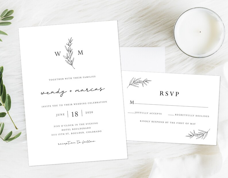 Wedding Invitation Suite Monogram Invitation Modern Handwritten Script Invitation Grey Leaf Outline Wedding Invitation