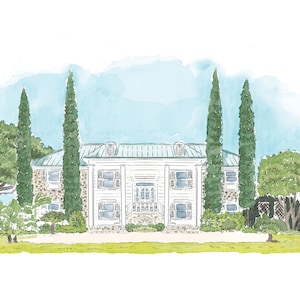 The Island House Watercolor Drawing, Wedding Venue, Charleston South Carolina, Johns Island, Custom Watercolor Drawing, Watercolor Venue