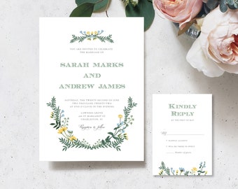 Whimsical Garden Wedding Invitation, Wildflower Printed Wedding Invitation, Floral Invite, calligraphy, outdoor wedding invitation