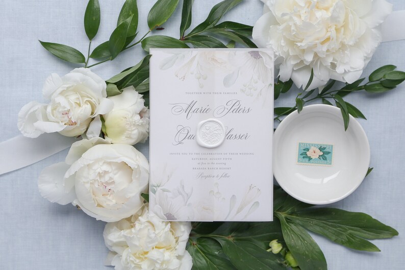 Ivory Floral Wedding Invitation, White Flowers Wedding Invitation, Romantic Wedding Invitation, Anemones Wedding Invite image 3