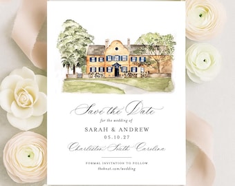 Custom Venue Save the Date with Watercolor Illustration, Luxury Printed Wedding Invitations,  Charleston, NYC, Hamptons, East Coast Bride