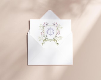 Watercolor Monogram Wedding Thank You Cards, Greeting Cards, Custom Crest, Folded Thank You Cards, Wedding Crest, Wedding Initials