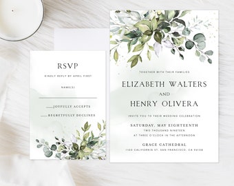 Greenery Wedding Invitation, Watercolor Wedding Invitation, Eucalyptus Wedding Invitation