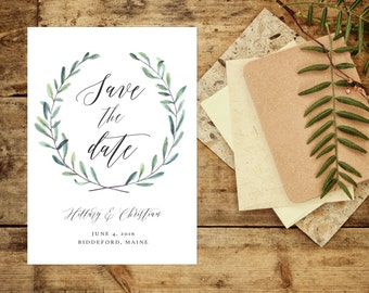 PRINTED Rustic Save the Date, Watercolor Leafy Save the Date, Green Wreath Save the Date