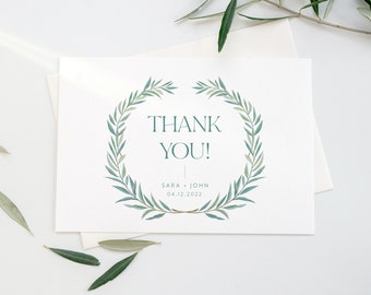 PRINTED Wedding Thank You Cards, Greeting Cards, Custom Folded Thank You Cards, Floral Wreath Cards, Newlywed Thank You Card