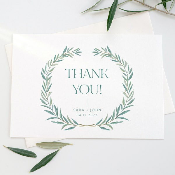 PRINTED Wedding Thank You Cards, Greeting Cards, Custom Folded Thank You Cards, Floral Wreath Cards, Newlywed Thank You Card