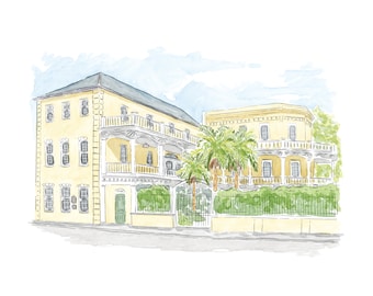 William Aiken House Watercolor Drawing, Wedding Venue, Charleston South Carolina, Custom Watercolor Drawing, Watercolor Venue