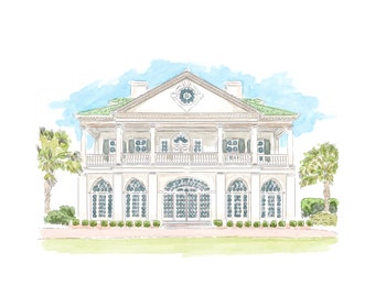 Lowndes Grove Watercolor Drawing, Wedding Venue, Charleston South Carolina, Custom Watercolor Venue Drawing, The Grove, Grove Farm