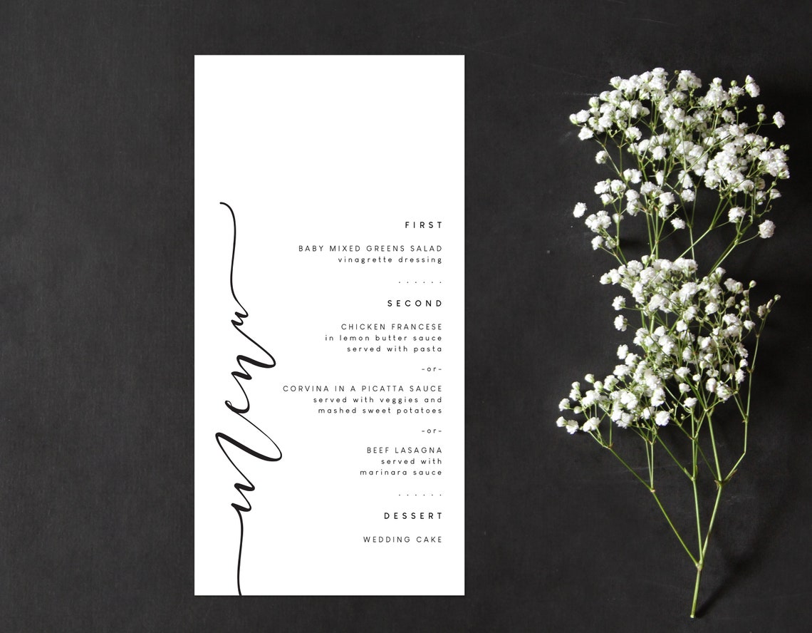 Calligraphy Wedding Menu, Simple Wedding Menu, Black and White Menu ...