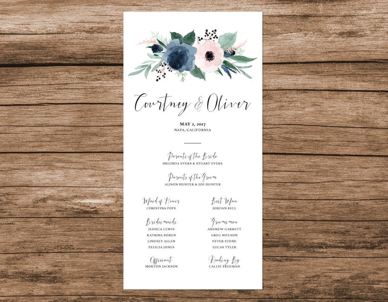 Blush and Blue Wedding Program Dusty Blue and Blush Wedding Program Floral Wedding Program