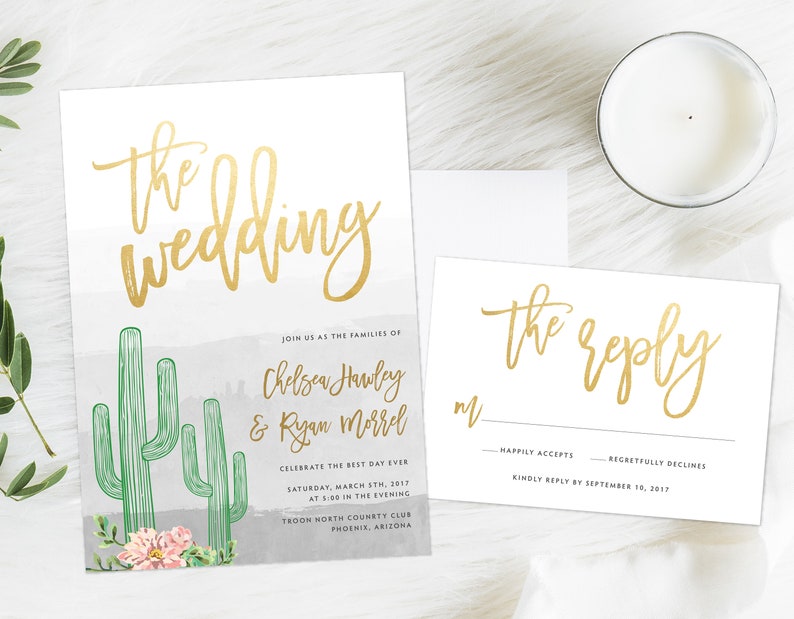 Cactus and Succulent Invitation, Gold Cactus Wedding Invitation, Fun Arizona Invitation, Palm Springs Invitation image 1