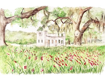 Saint Francis Statue and Ruins on Spring Island, SC, South Carolina, Watercolor Drawing, Wedding Venue, Watercolor Venue, Digital Download