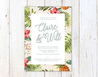 PRINTED Tropical Save the Date, Palm Leaves Wedding Invite, Destination Wedding Save the Date