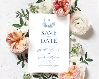 PRINTED Floral Monogram Crest Save the Date, Elegant Calligraphy Wedding, Traditional Save the Date, Classic Wedding, Modern Save the Date