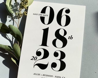 PRINTED Modern Save the Date, Numerals Save the Date, Classic Save the Date, Black and White Save the Date