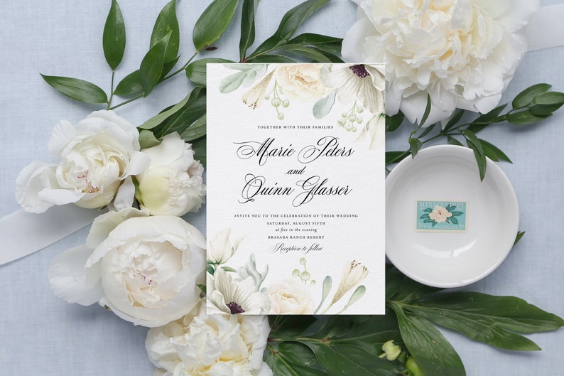 Ivory Floral Wedding Invitation, White Flowers Wedding Invitation, Romantic Wedding Invitation, Anemones Wedding Invite image 1