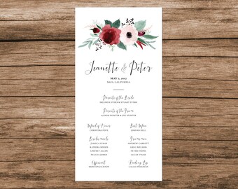 Blush and Marsala Wedding Program, Boho Wedding Program, Rustic Roses Floral Wedding Program