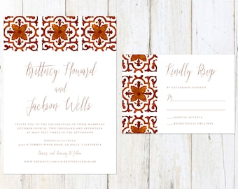 Spanish Tile Wedding Invitation, Spanish Design Wedding Invitation, Deep Red and Orange Wedding Invitation