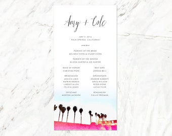 Palm Springs Program, Palm Springs Wedding Program, California Palm Trees Wedding Program