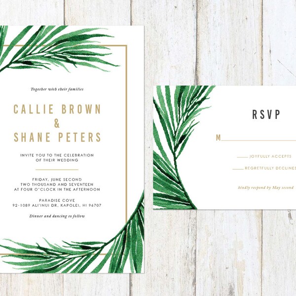 Tropical Wedding Invitation, Palm Leaves Wedding Invitation, Hawaii Invitation, Destination Wedding Invitation