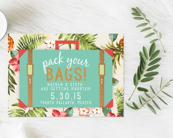 PRINTED Destination Wedding Save the Date, Tropical Save the Date, Hawaii Save the Date, Pack Your Bags Suitcase