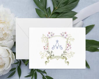 Watercolor Monogram Wedding Thank You Cards, Greeting Cards, Custom Crest, Folded Thank You Cards, Wedding Crest, Wedding Initials