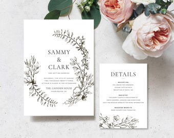 PRINTED Black and White Floral Wreath Wedding Invitation, Traditional Wedding Invitation, Formal Invitation