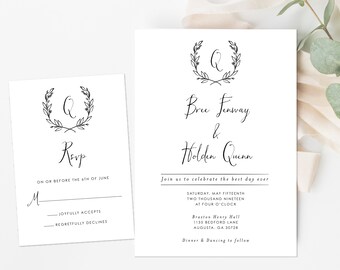 Monogram Wreath Wedding Invitation, Black and White Wedding Invitation, Handwritten Script Wedding Invitation