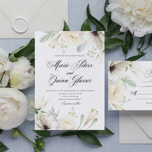 Ivory Floral Wedding Invitation, White Flowers Wedding Invitation, Romantic Wedding Invitation, Anemones Wedding Invite image 2