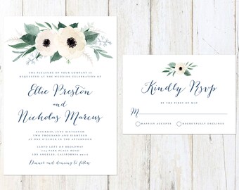 Floral Wedding Invitation, White Flowers Wedding Invitation, Greenery and White Wedding, Navy Blue and Greenery Invitation