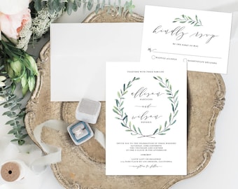 Leafy Wedding Invitation, Rustic Wedding Invitation, Simple Leaves Wedding Invitation