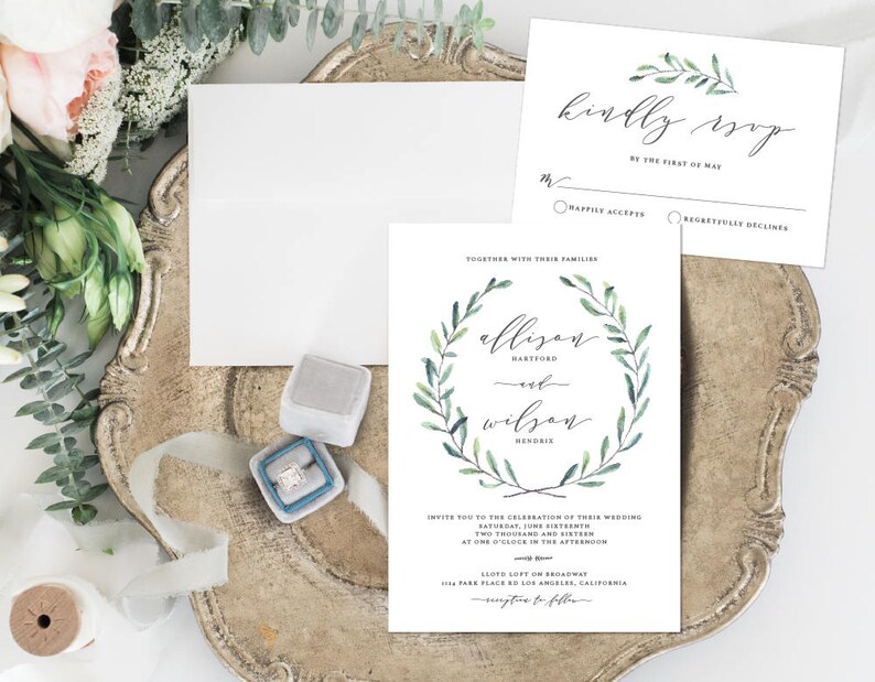 Leafy Wedding Invitation, Rustic Wedding Invitation, Simple Leaves Wedding Invitation image 1