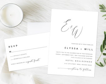 Minimalist Wedding Invitation, Simple Black and White Wedding Invitation, Formal Wedding Invitation, Handwritten Script